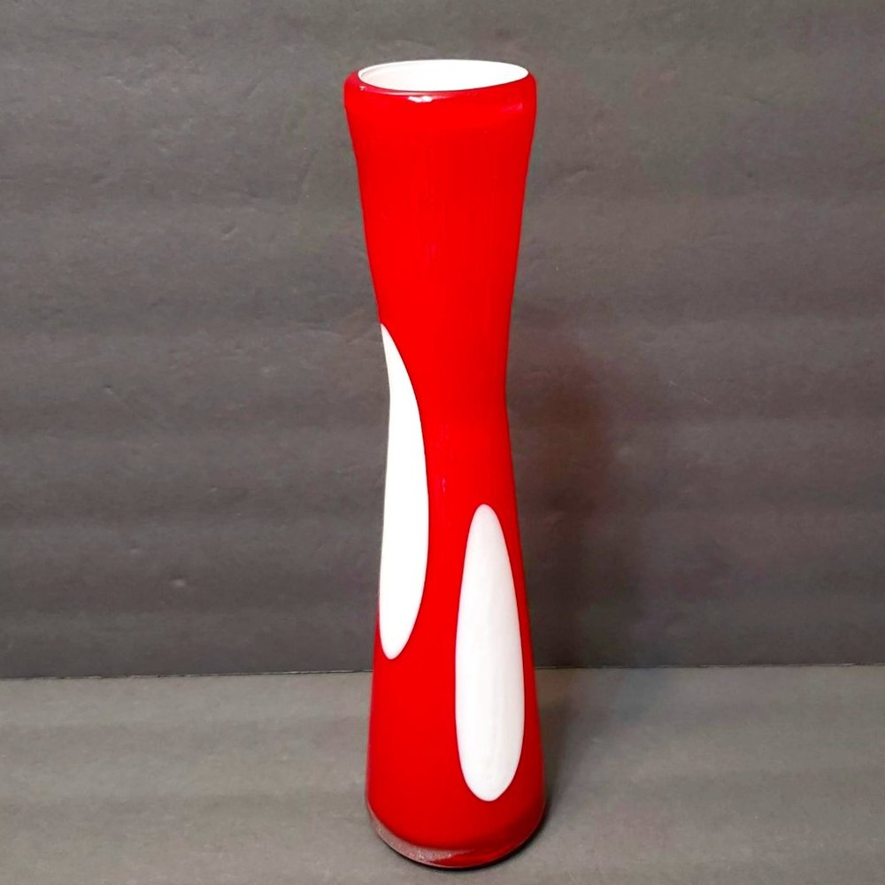 Red and White Cased Glass Vase, Art Glass, Polka Dot Coin Dots, 11", Red Vase